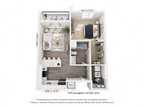 A floor plan of a one bedroom apartment with a kitchen, living room and bathroom.